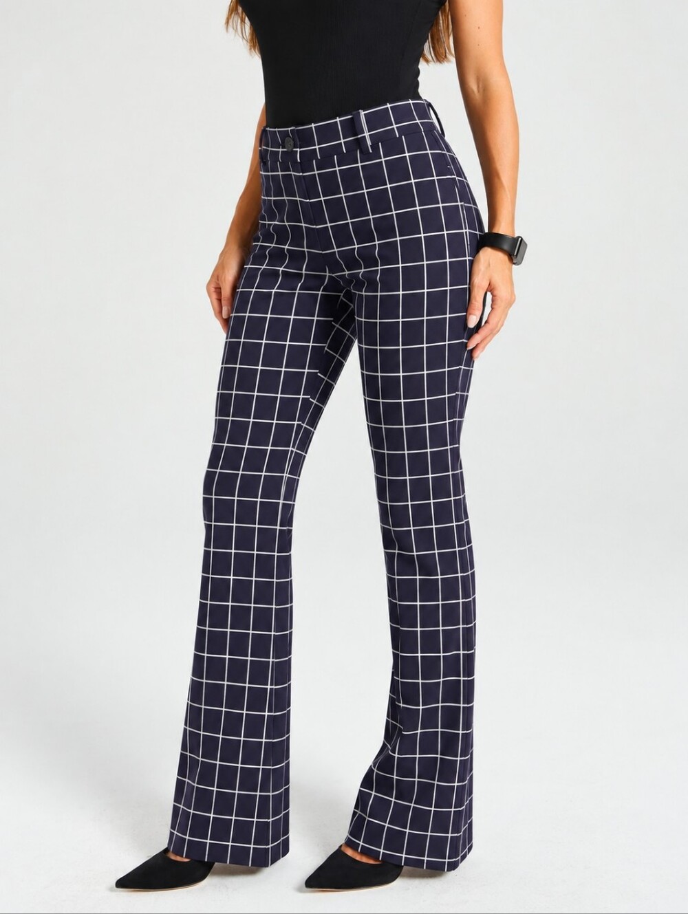 ❤️ NWOT! BETABRAND BOOTCUT DRESS YOGA PANTS, NAVY WINDOWPANE, MP (MEDIUM PETITE)